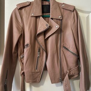 All Saints Brown Leather Jacket Asymmetrical Zipper